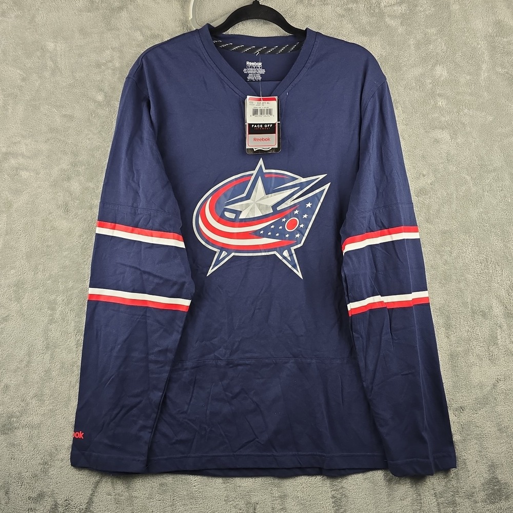 Columbus Blue Jackets Faceoff Jersey T-Shirt Mens L Blue Reebok NHL Hockey NWT